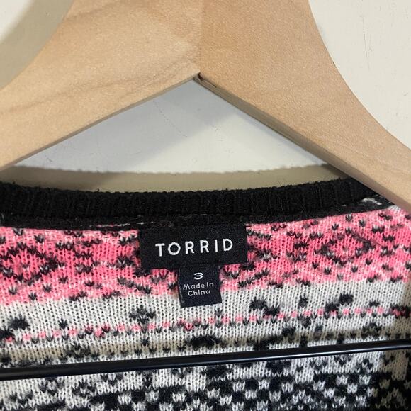 Torrid Fair Isle Open Front Knit Draped Cardigan Black White Pink Sz 3X - Picture 4 of 10